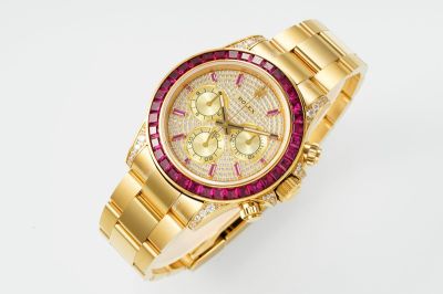 Rolex Daytona Replica with Diamond Bezel Gold Dial Red Diamond Bezel Gold Stainless Steel Strap Watch